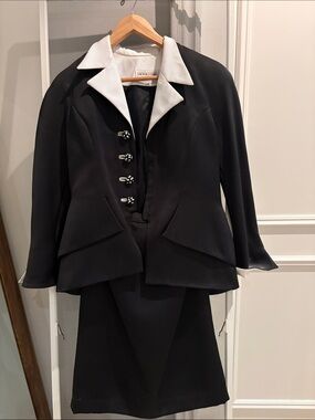 Victor Costa Black Jacket and Skirt with White Notched Collar.